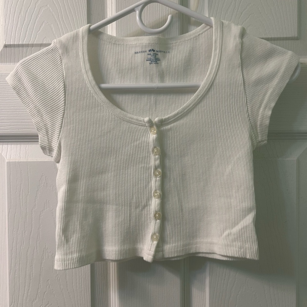 Brandy Melville Cream Ribbed Button-Front Crop Tee